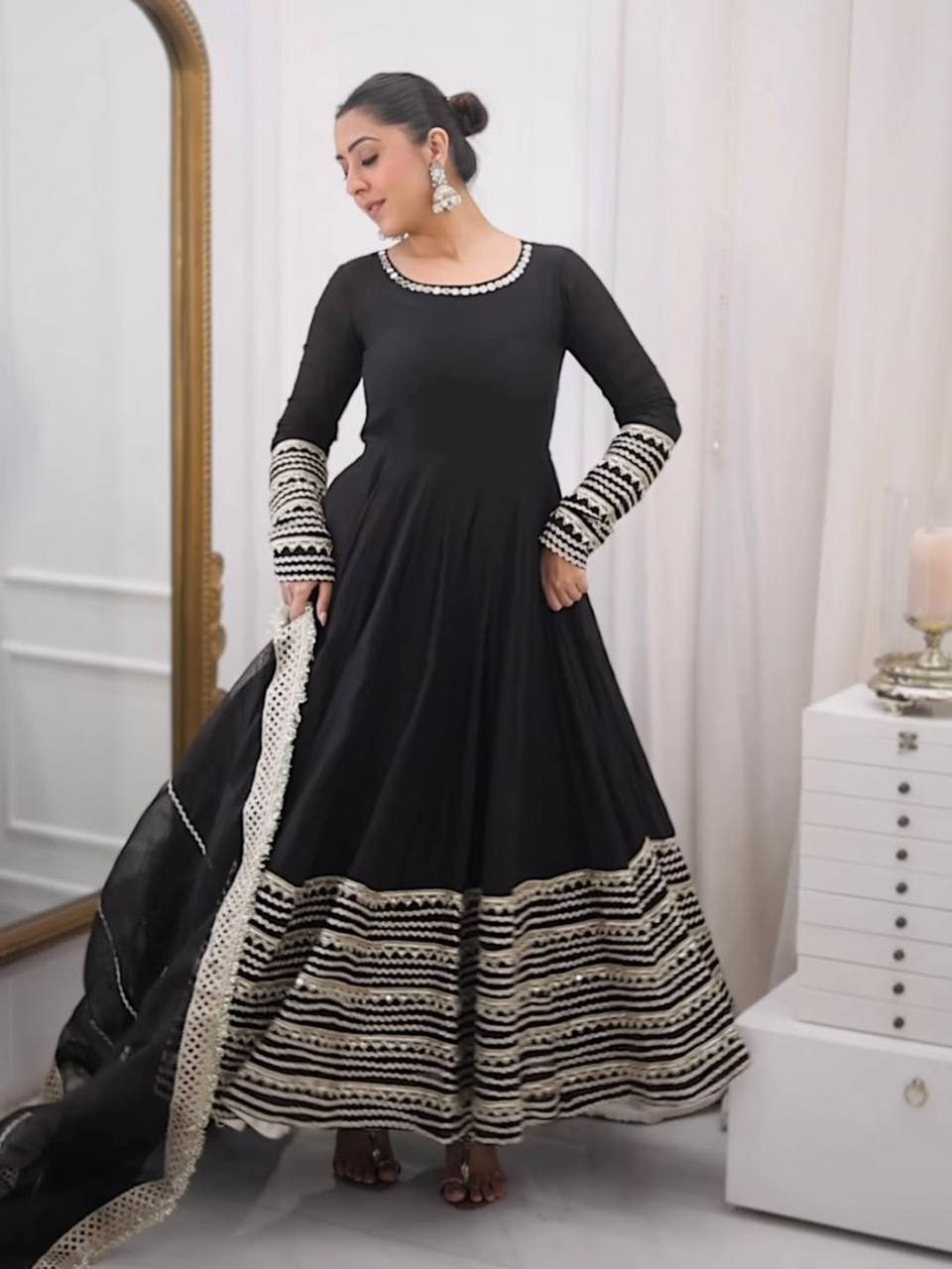 Nusrat Noor Black Color Embroidered Work Anarkali Suit Set