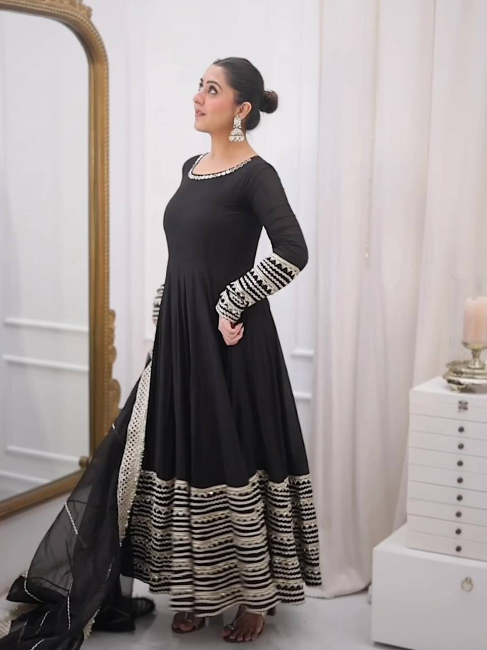Nusrat Noor Black Color Embroidered Work Anarkali Suit Set