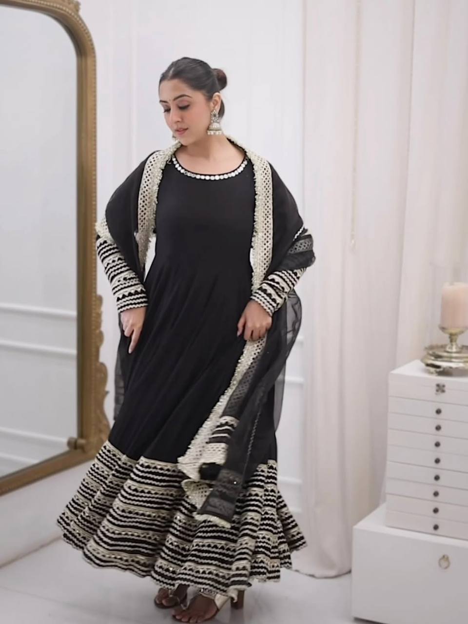 Nusrat Noor Black Color Embroidered Work Anarkali Suit Set