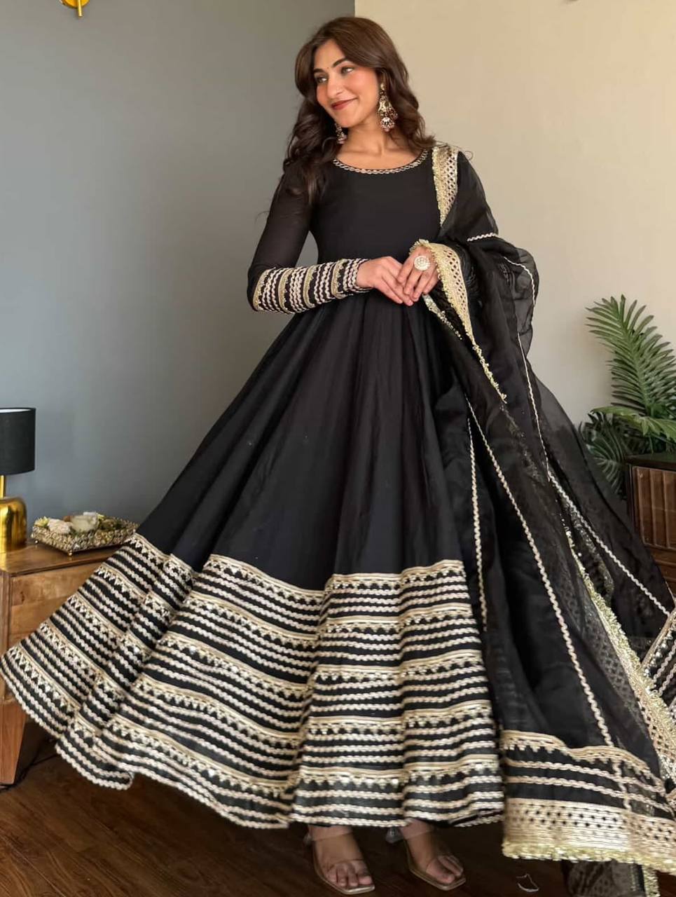 Nusrat Noor Black Color Embroidered Work Anarkali Suit Set