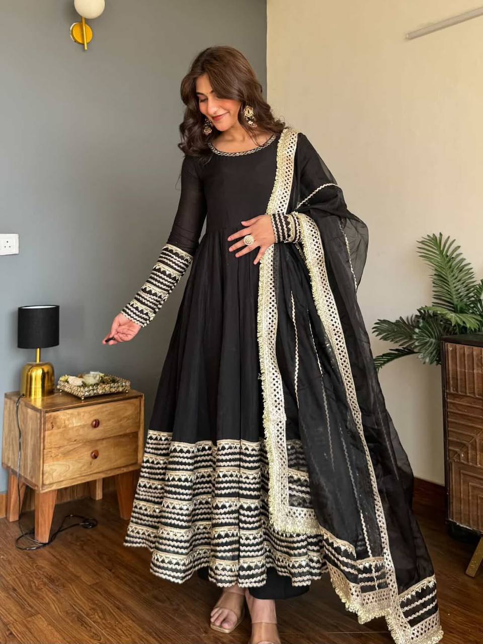 Nusrat Noor Black Color Embroidered Work Anarkali Suit Set