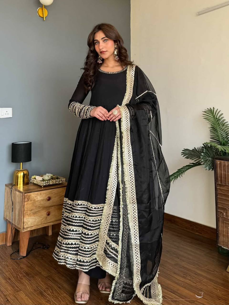 Nusrat Noor Black Color Embroidered Work Anarkali Suit Set