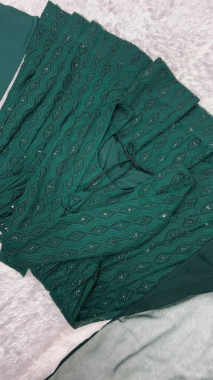 Green Fox Georgette Lucknowi Sequin Work Anarkali Suit with Ruffle Dupatta