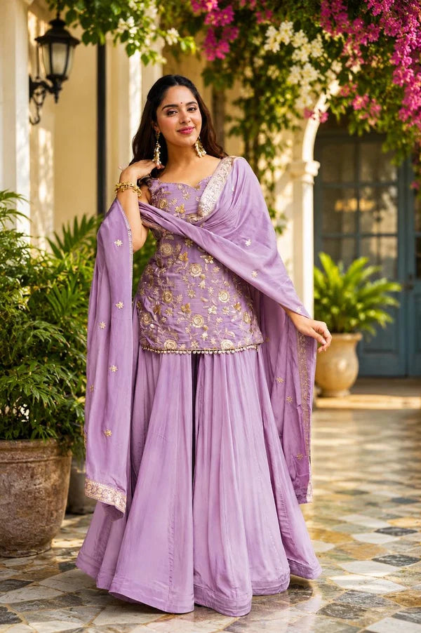 Aarohi's Lavender Diamond Silk Sharara Suit Set