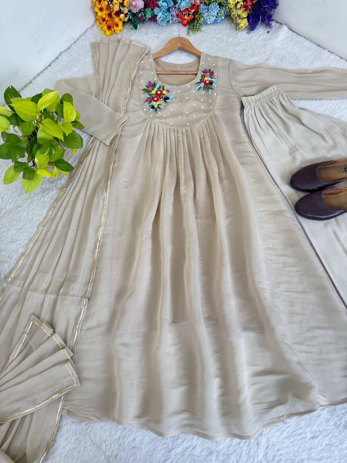 Beige Pure Chanderi Cotton Embroidered Gown With Pant & Dupatta