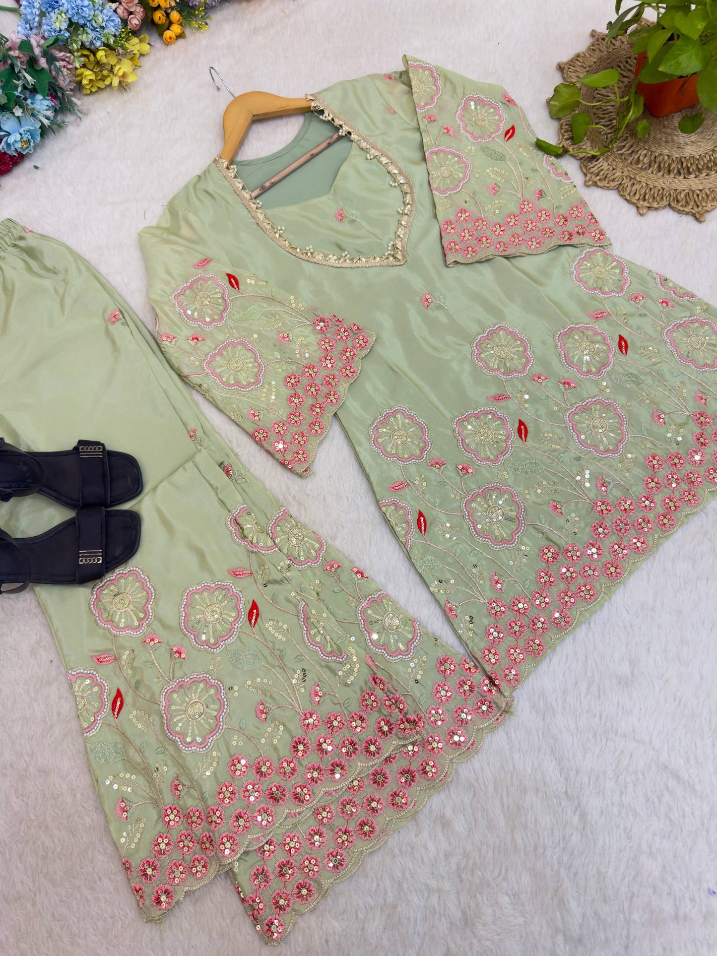 Sage Green Premium Silk Embroidered Co-Ord Set with Bell Sleeves & Bell Pant