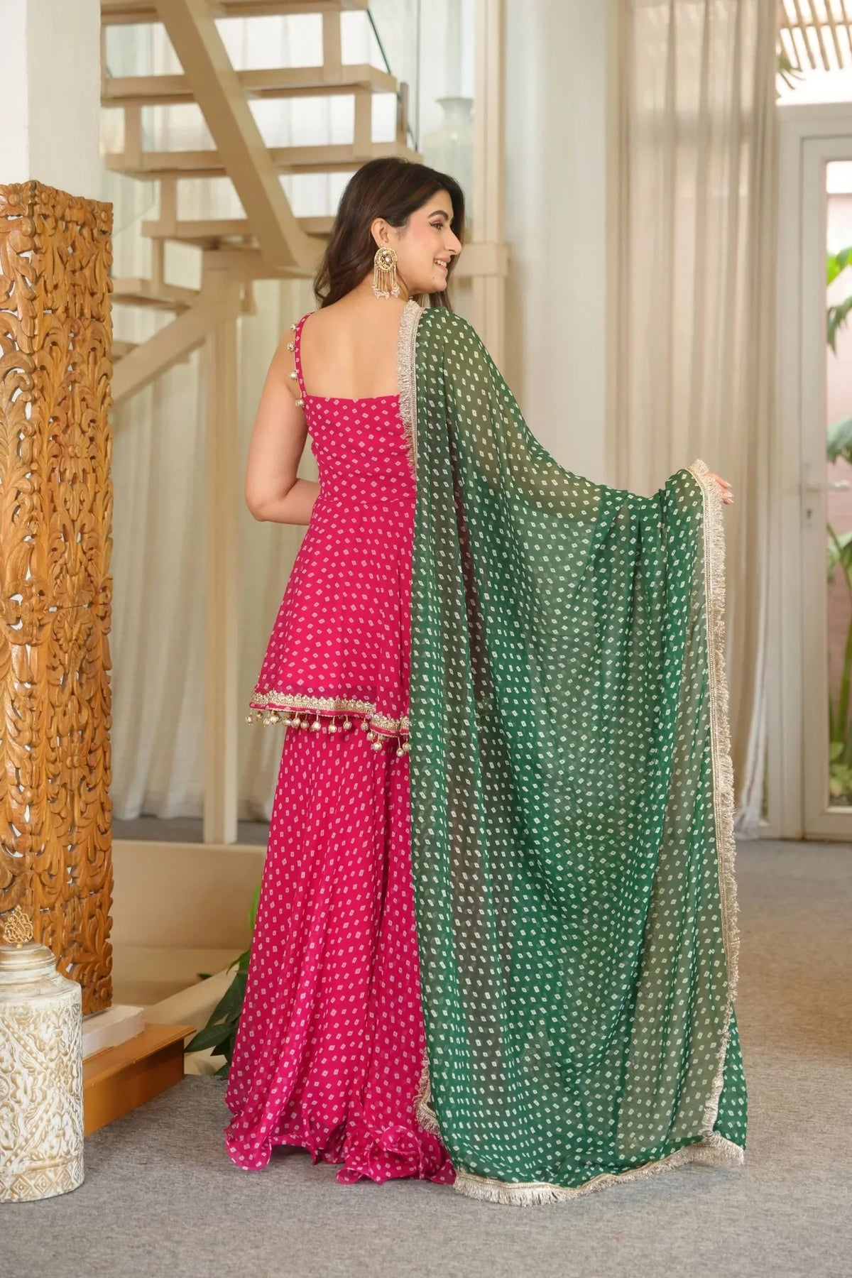 Rani Pink Georgette Sharara Set with Bandhani Foil Print & Ghungroo