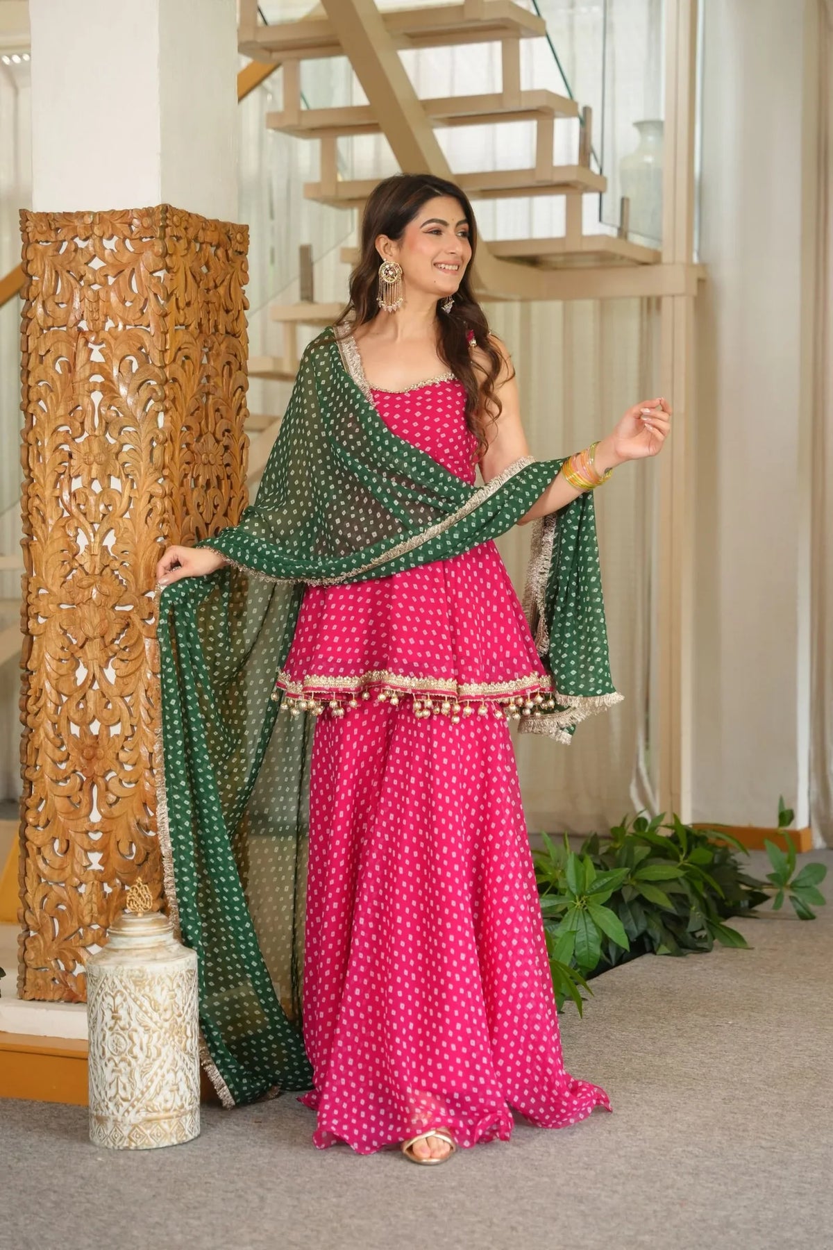 Rani Pink Georgette Sharara Set with Bandhani Foil Print & Ghungroo