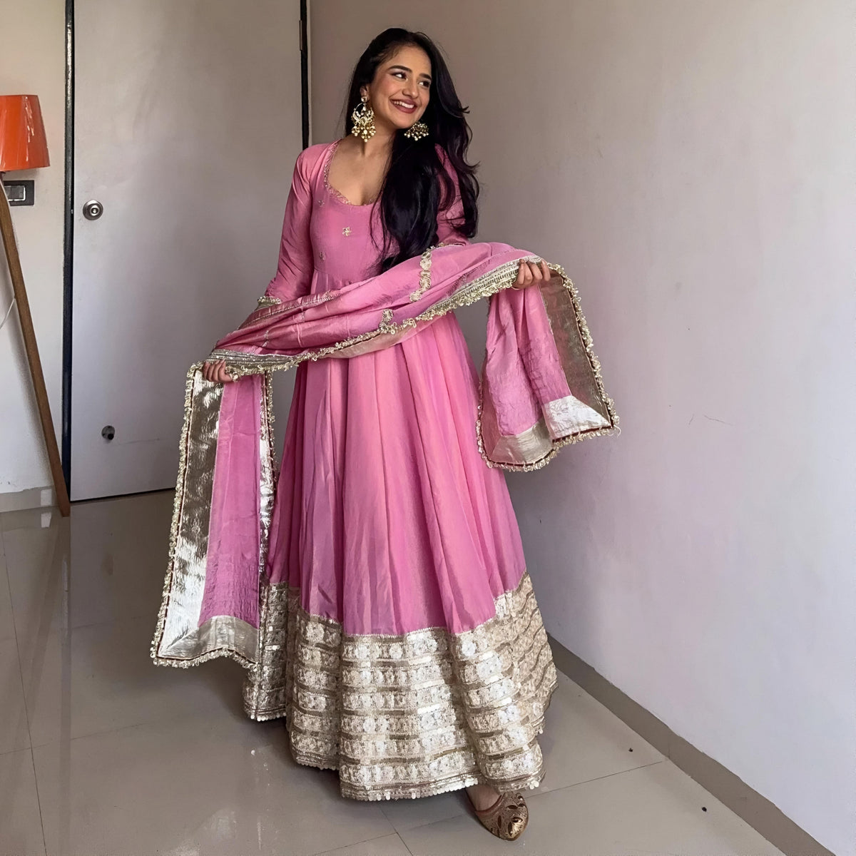 Prisha Pink Vichitra Silk Anarkali Suit Set