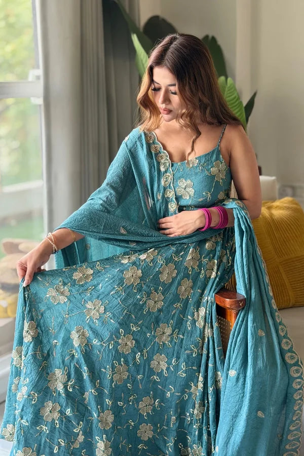 Crancy Aqua Blue Floral Maxi Embroidered Suit Set