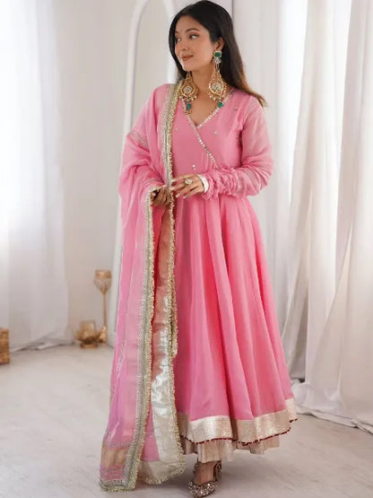 Light Pink Mirror Hand Work Anarkali Lehenga Set