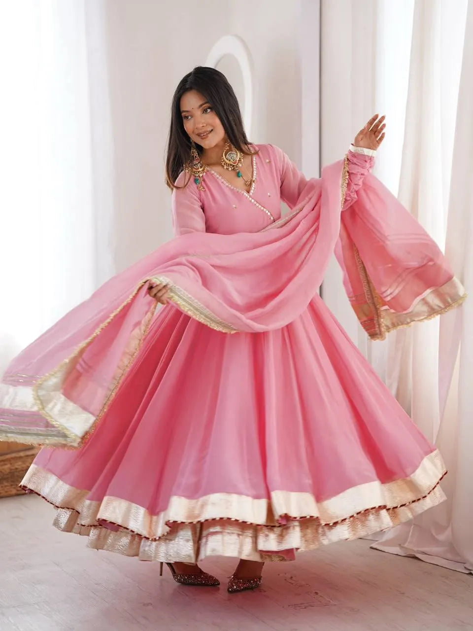 Light Pink Mirror Hand Work Anarkali Lehenga Set