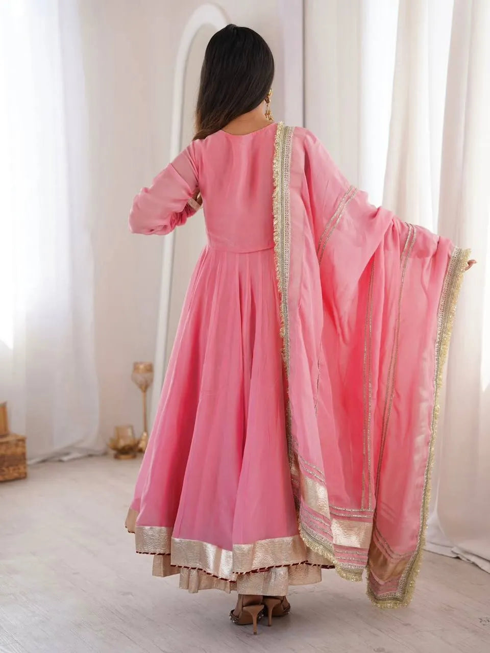 Light Pink Mirror Hand Work Anarkali Lehenga Set