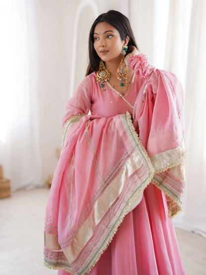Light Pink Mirror Hand Work Anarkali Lehenga Set