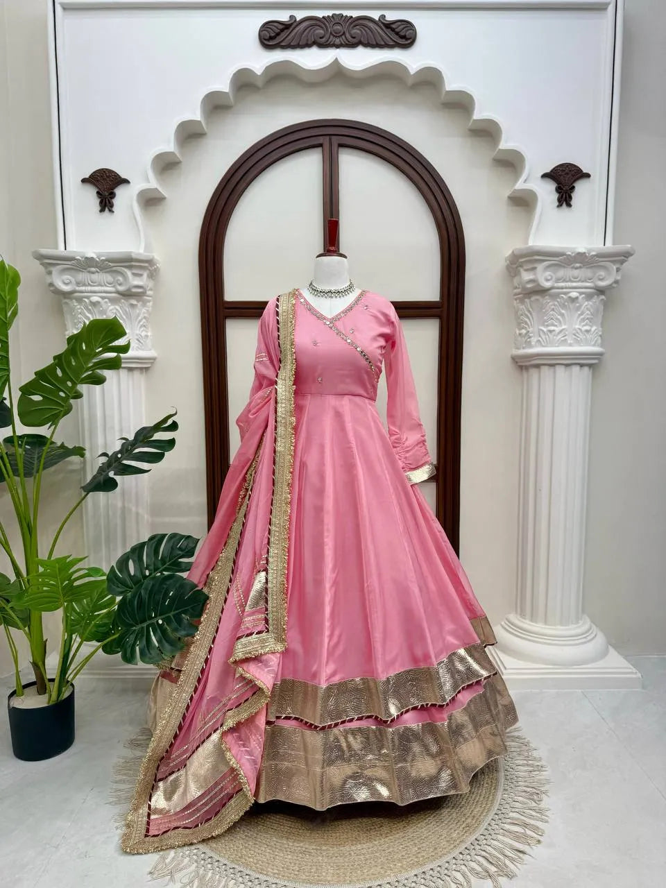 Light Pink Mirror Hand Work Anarkali Lehenga Set