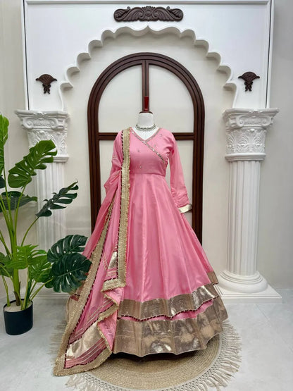 Light Pink Mirror Hand Work Anarkali Lehenga Set