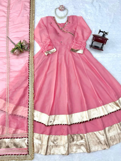 Light Pink Mirror Hand Work Anarkali Lehenga Set