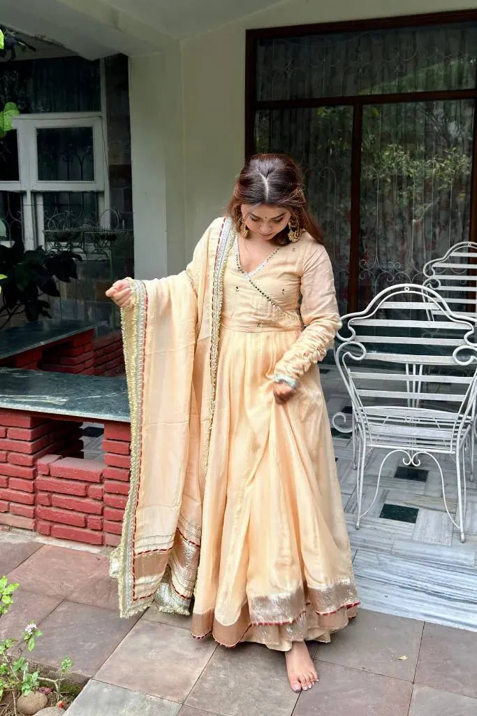 Cream Beige  Mirror Hand Work Anarkali Lehenga Set