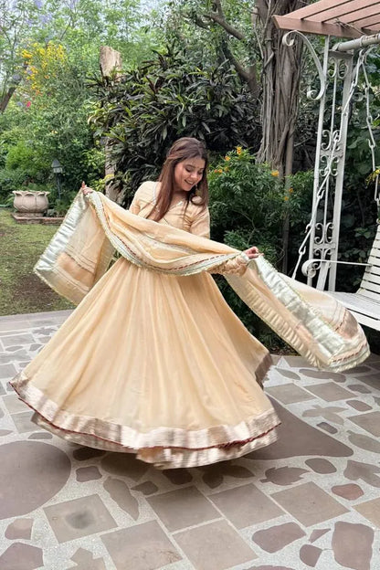 Cream Beige  Mirror Hand Work Anarkali Lehenga Set