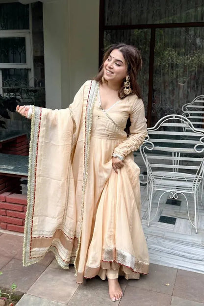 Cream Beige  Mirror Hand Work Anarkali Lehenga Set