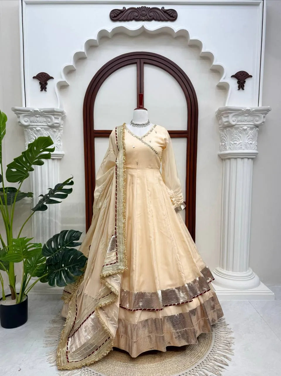 Cream Beige  Mirror Hand Work Anarkali Lehenga Set