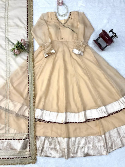 Cream Beige  Mirror Hand Work Anarkali Lehenga Set