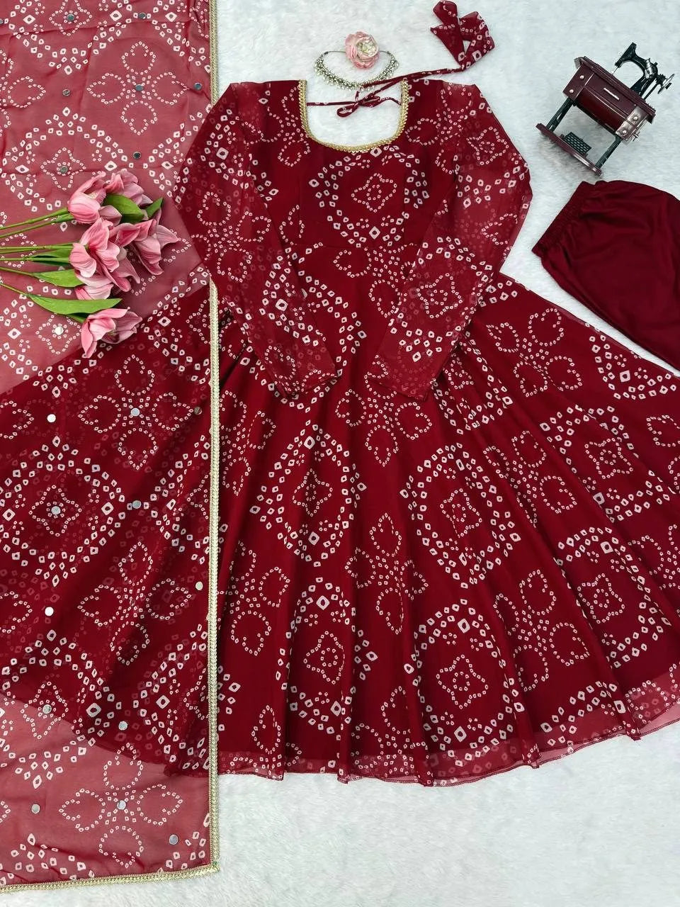 Maroon Digital Print Fancy Lace Anarkali Set