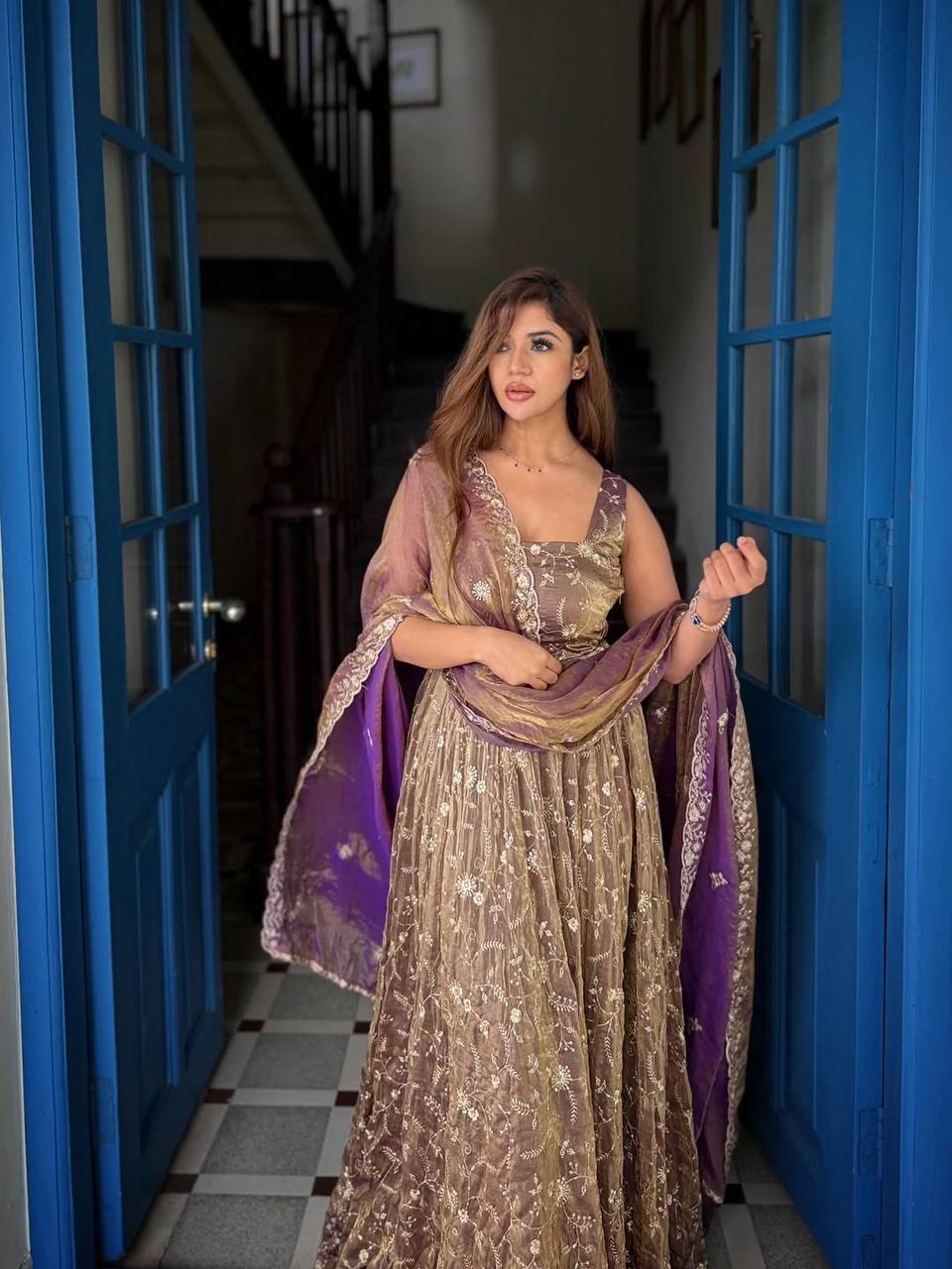 Classic Wine Flared Anarkali Suit with Dupatta