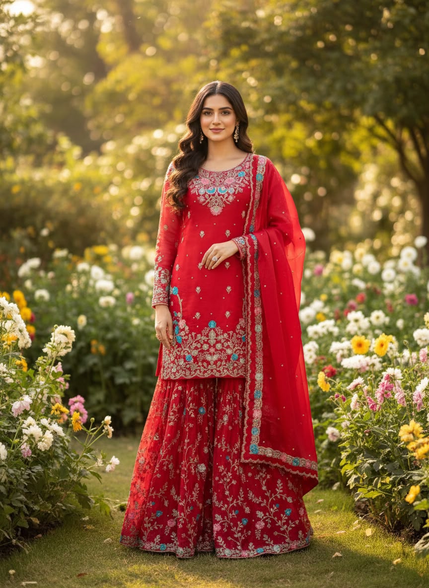 JMC Silk Embroidered Sharara Suit