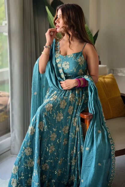 Crancy Aqua Blue Floral Maxi Embroidered Suit Set