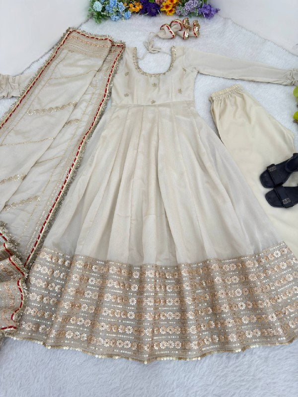 Cream Chinon Silk Embroidered Anarkali Gown