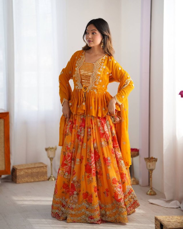 Orange Faux Georgette Printed Lehenga Choli with Koti & Dupatta