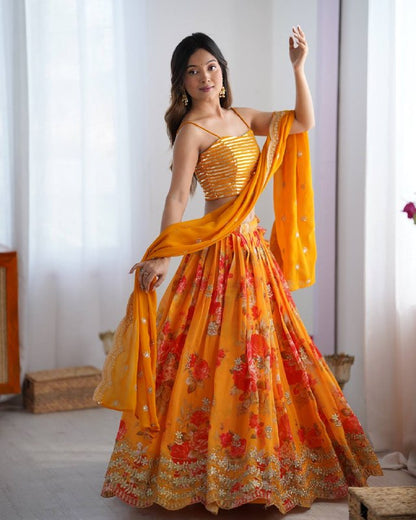 Orange Faux Georgette Printed Lehenga Choli with Koti & Dupatta