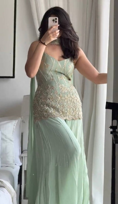 Mint Green Faux Georgette Embroidered Kurti Palazzo Set