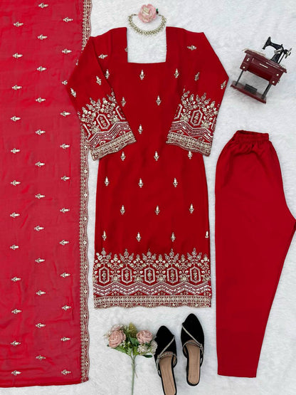 Red Georgette Beaded Embroidered Women’s Ethnic Suit Set