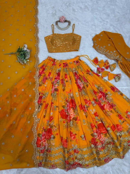 Orange Faux Georgette Printed Lehenga Choli with Koti & Dupatta