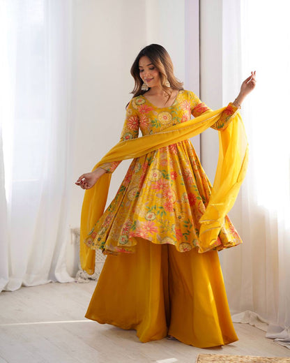 Yellow Roman Silk Chanderi Printed Kediya Palazzo Set