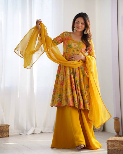 Yellow Roman Silk Chanderi Printed Kediya Palazzo Set