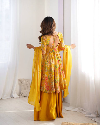 Yellow Roman Silk Chanderi Printed Kediya Palazzo Set