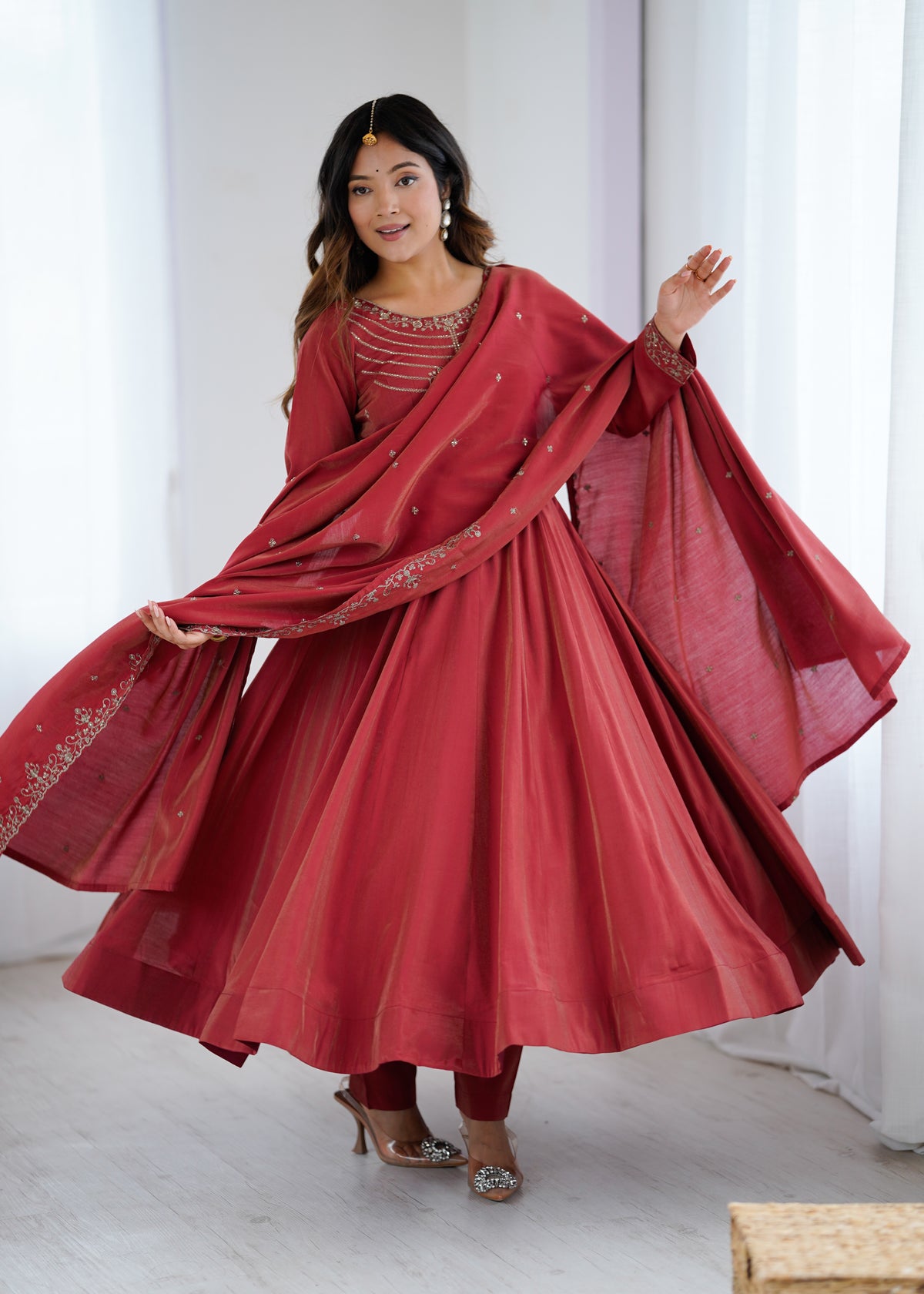 Maroon Shimmer Chanderi Silk Beads Work Anarkali Set