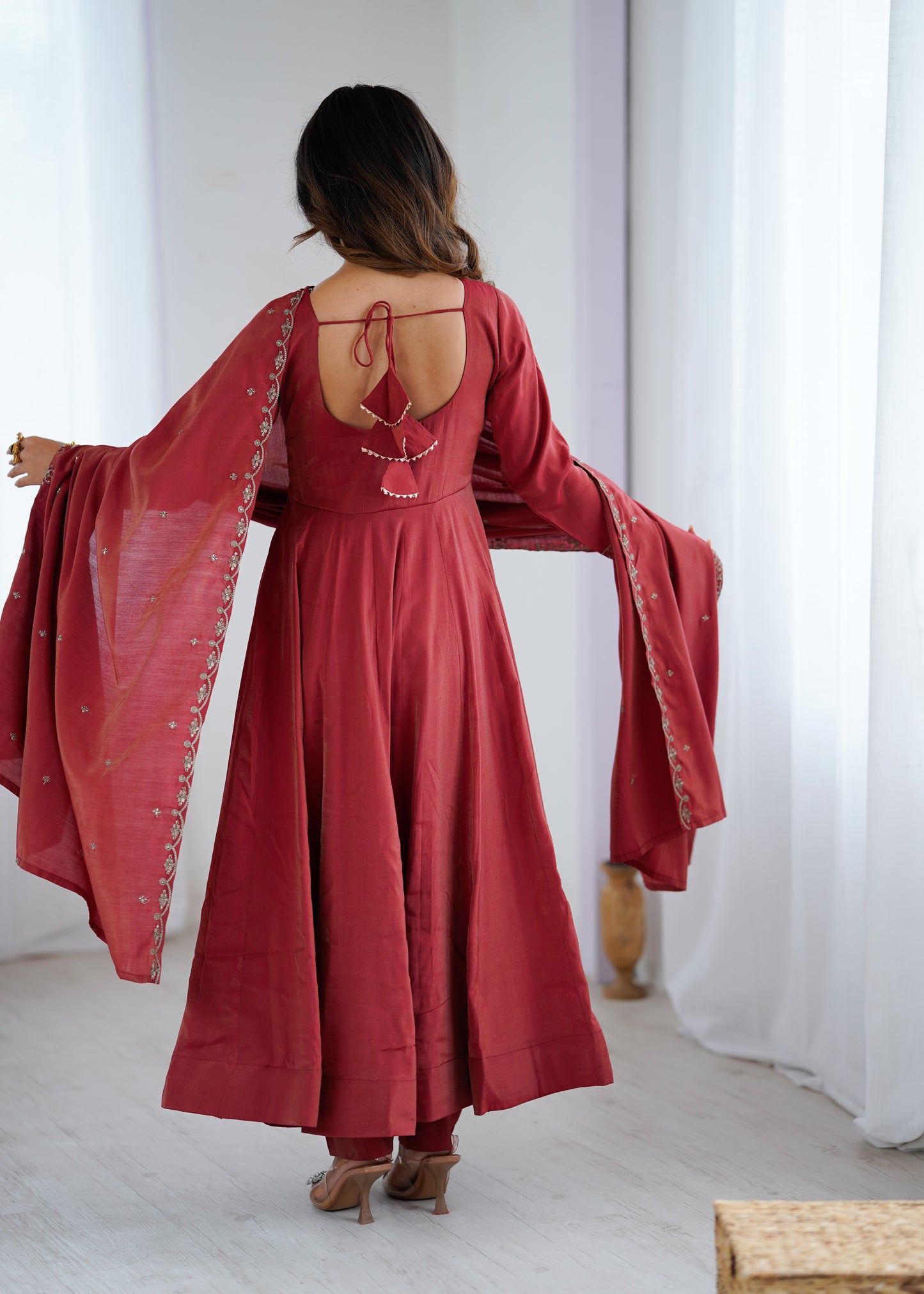 Maroon Shimmer Chanderi Silk Beads Work Anarkali Set