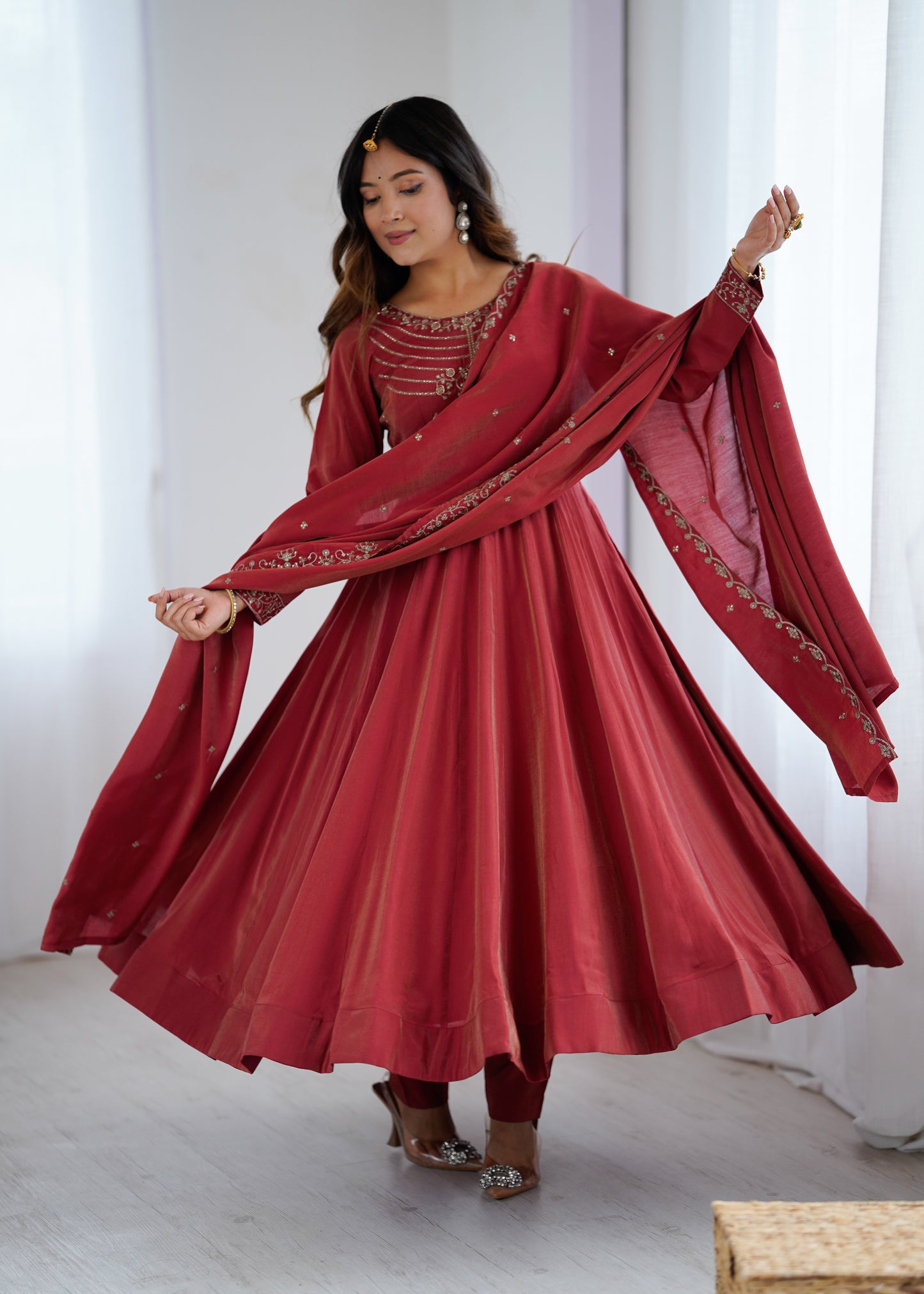 Maroon Shimmer Chanderi Silk Beads Work Anarkali Set