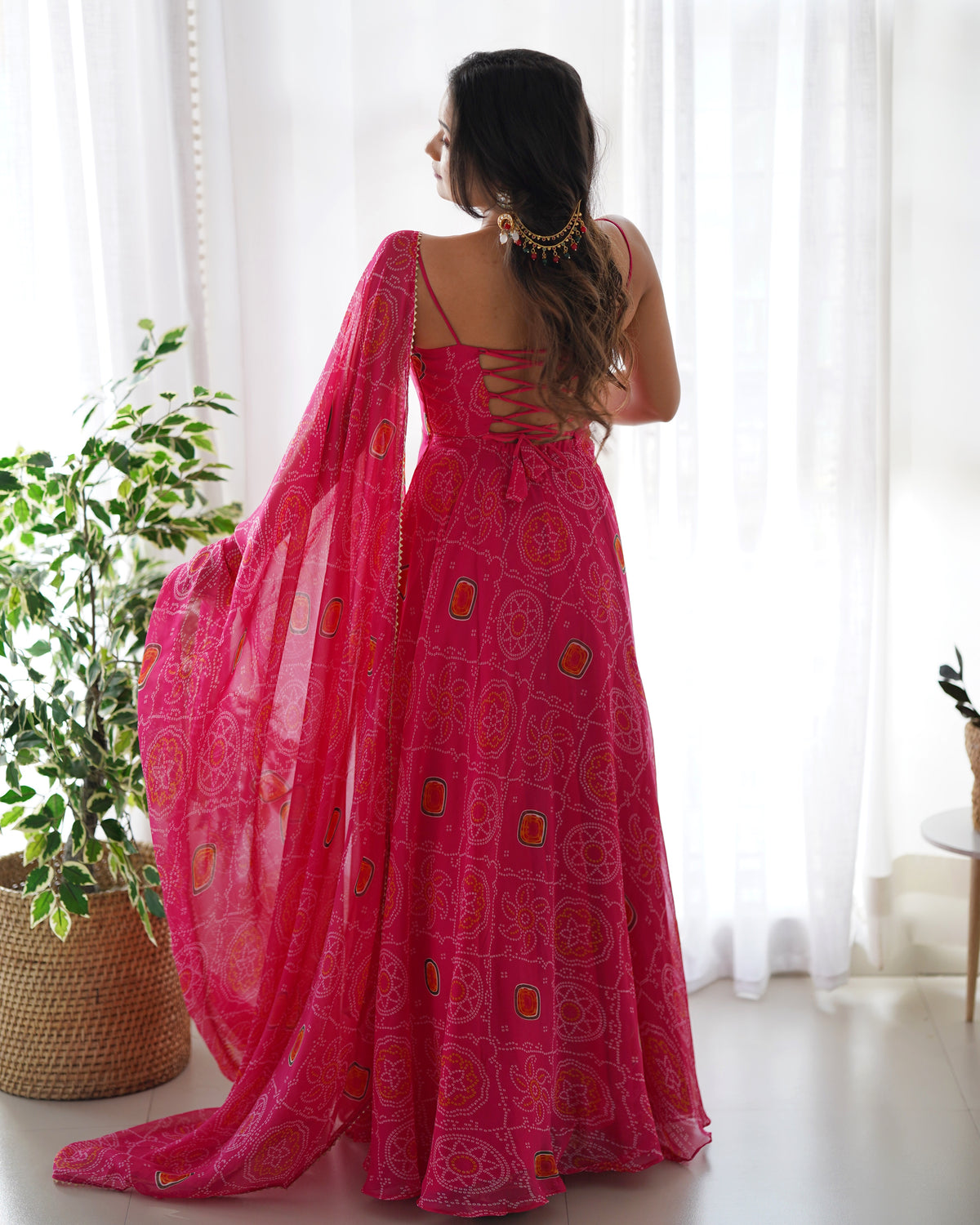 Pink Chiffon Bandhej Anarkali Suit