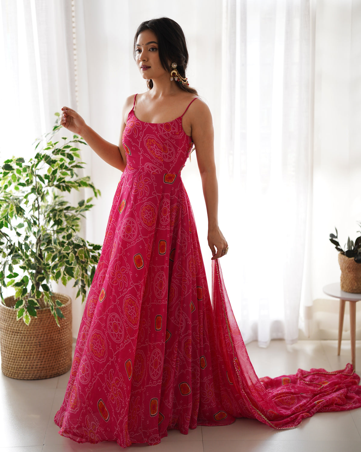 Pink Chiffon Bandhej Anarkali Suit
