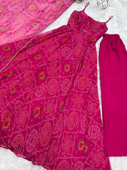 Pink Chiffon Bandhej Anarkali Suit