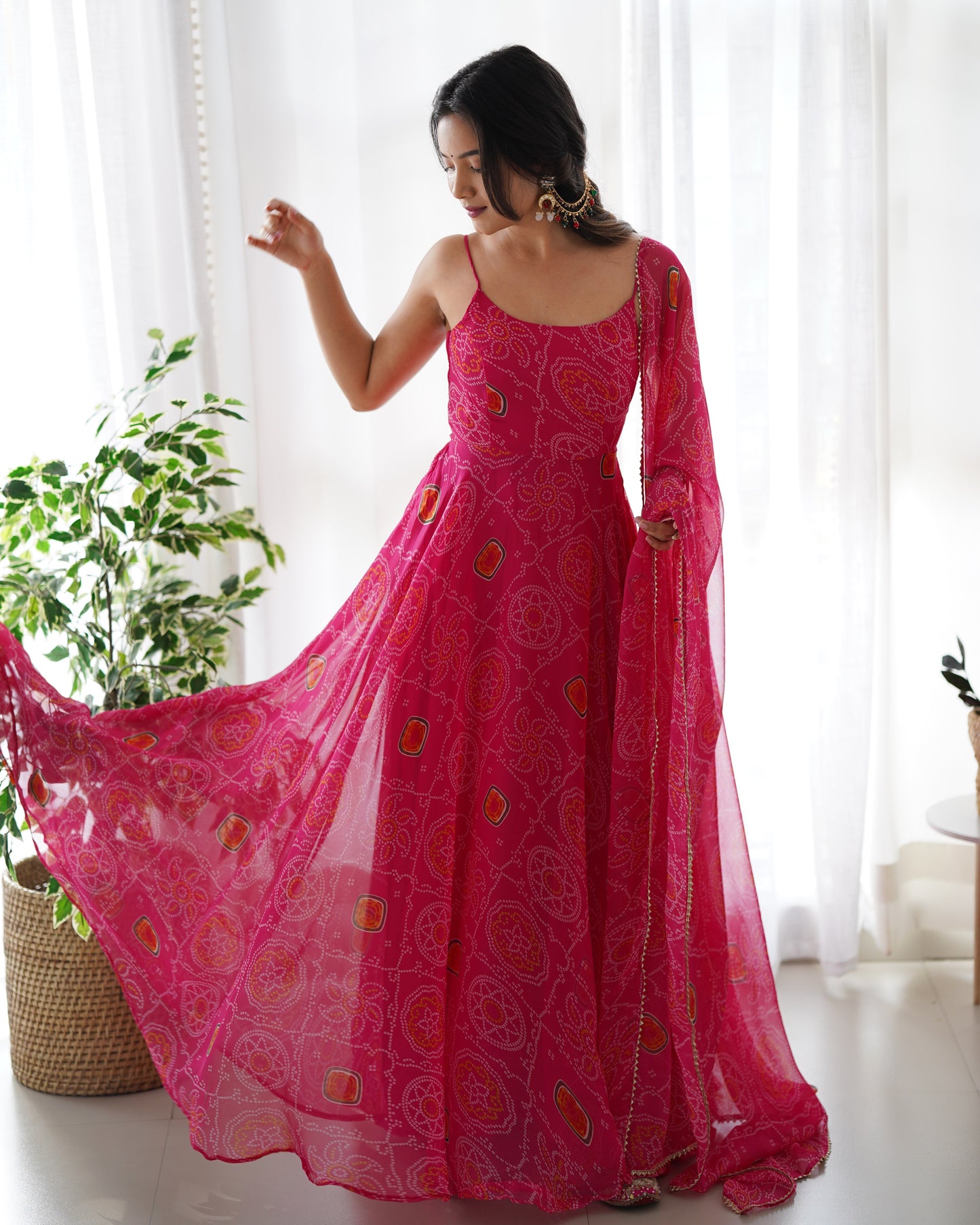 Pink Chiffon Bandhej Anarkali Suit