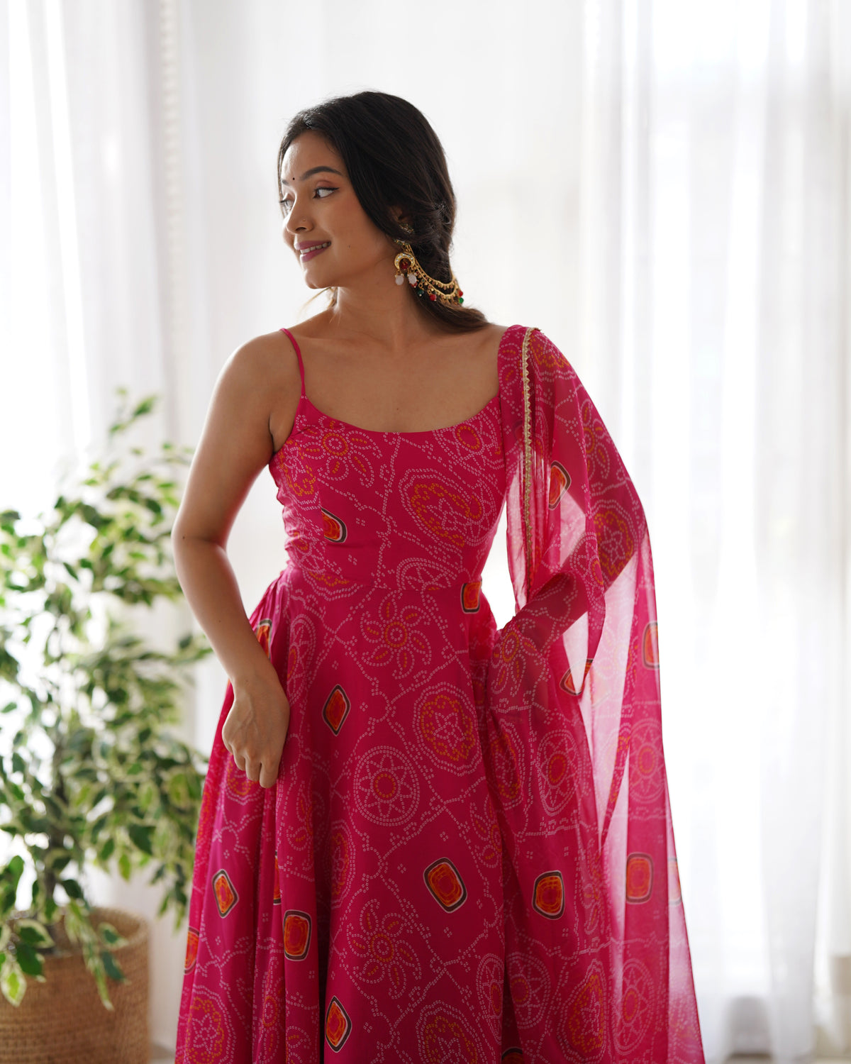 Pink Chiffon Bandhej Anarkali Suit