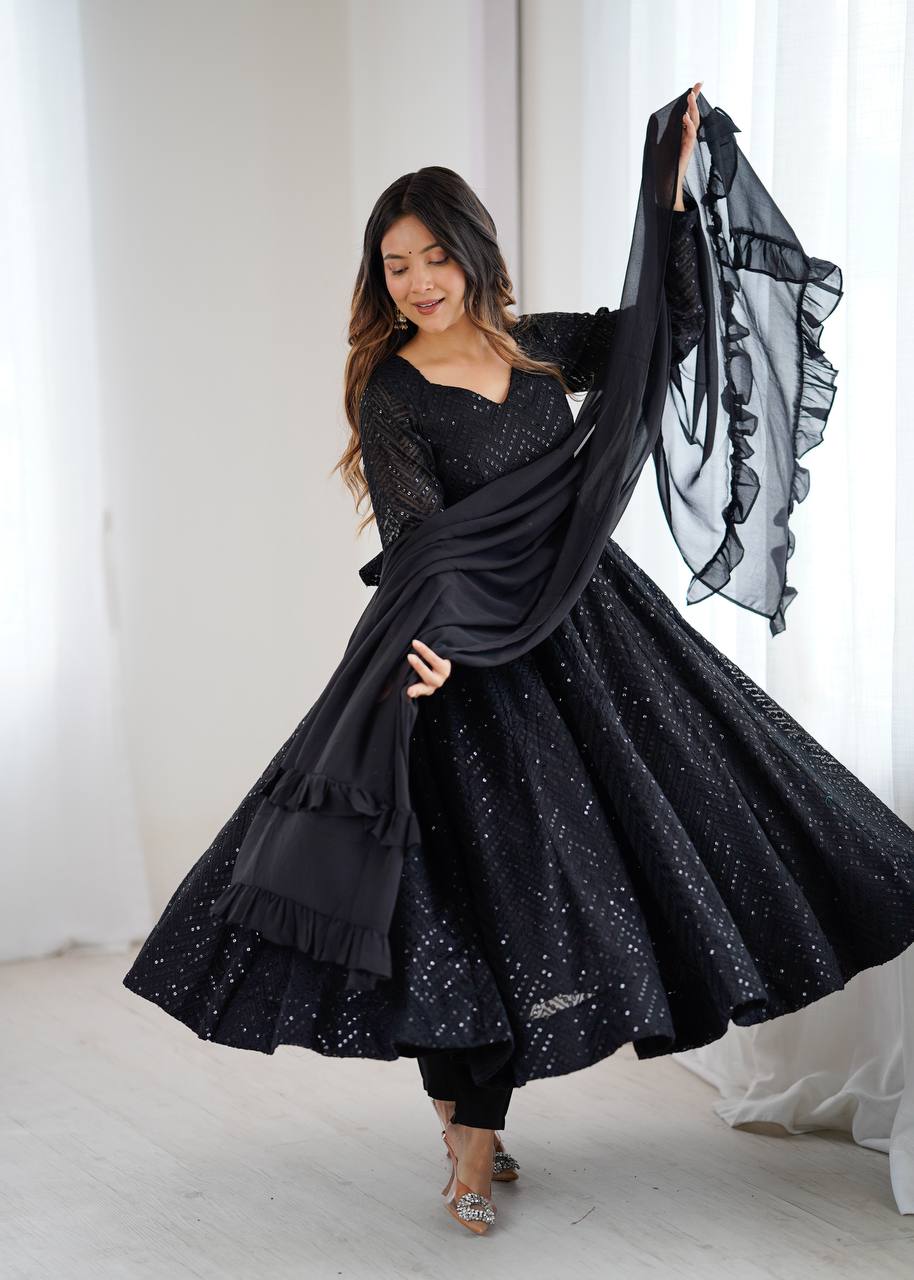 Fox Georgette Lucknowi Sequin & Thread Work Anarkali Suit with Ruffle Dupatta