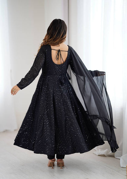 Fox Georgette Lucknowi Sequin & Thread Work Anarkali Suit with Ruffle Dupatta