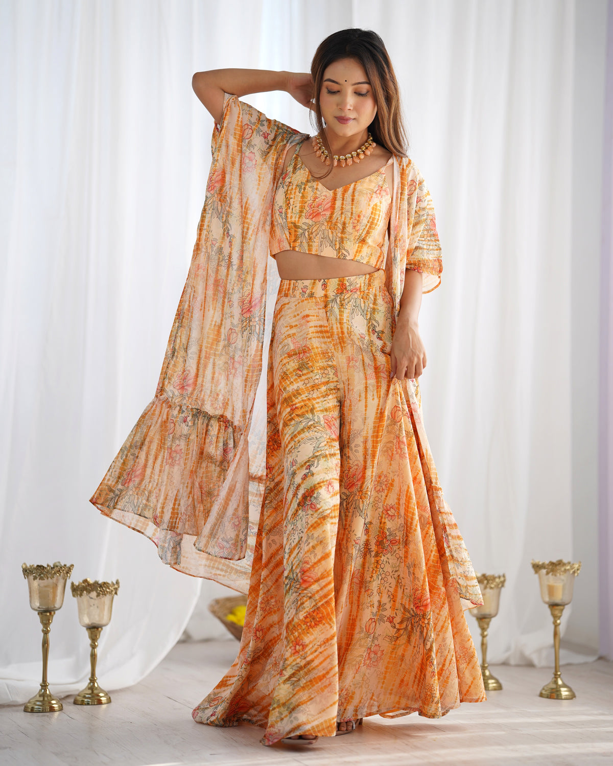 Floral Fox Georgette Indo Western 3 Piece Set